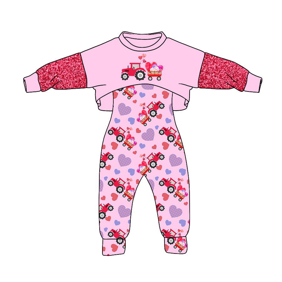 Baby Girls Valentines Hearts Tractor Top Jumpsuits 2pcs Clothing Sets preorder