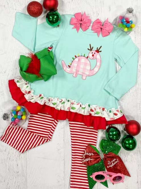 Baby Girls Christmas Dinosaur Tunic Top Stripes Legging Clothing Sets preorder