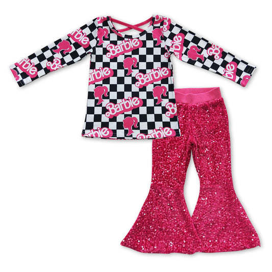 Baby Girls Cross Doll Checkered Long Sleeve Tee Top Sequin Bell Pants Clothes Sets