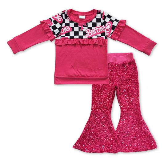 Baby Girls Doll Checkered Long Sleeve Tee Top Sequin Bell Pants Clothes Sets