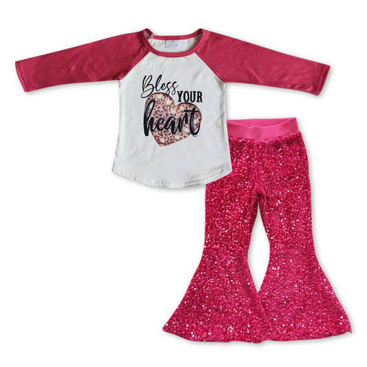 Baby Girls Bless Hearts Long Sleeve Tee Top Sequin Bell Pants Clothes Sets