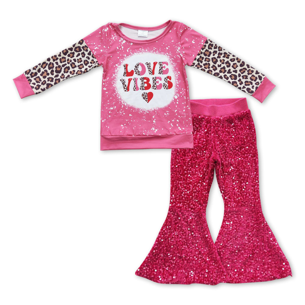 Baby Girls Love Leopard Long Sleeve Tee Top Sequin Bell Pants Clothes Sets