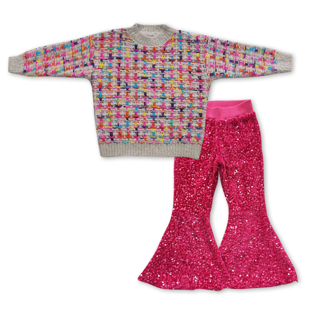 Baby Girls 2pcs Colorful Long Sleeve Sweaters Pink Sequin Bell Pants Sets