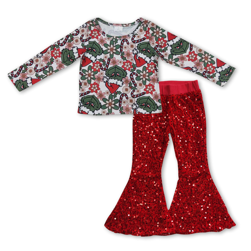 Baby Girls Christmas Frog Long Sleeve Tee Top Red Sequin Bell Pants Clothes Sets