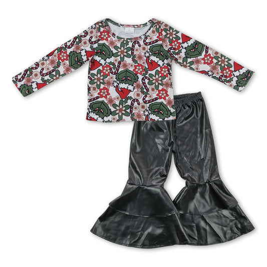 Baby Girls Christmas Frog Long Sleeve Tee Top Black Leather Bell Pants Clothes Sets