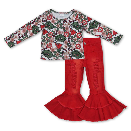 Baby Girls Christmas Frog Shirts Red Distressed Denim Bell Pants Clothes Sets