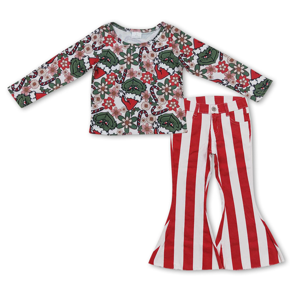 Baby Girls Christmas Frog Shirts Red Stripes Denim Bell Pants Clothes Sets