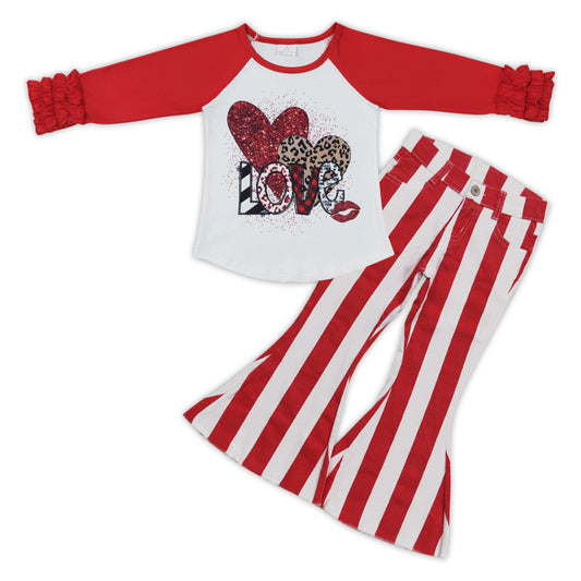 Baby Girls Valentines Love Hearts Shirts Red Stripes Denim Bell Pants Clothes Sets