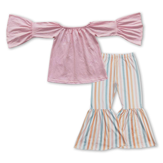 Baby Girls Pink Long Sleeve Tee Top Stripes Bell Pants Clothes Sets