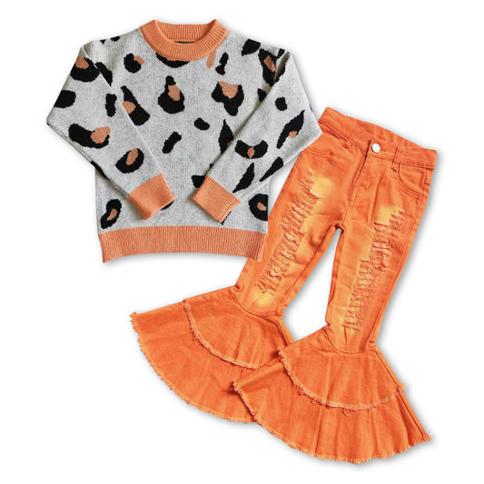 Baby Girls 2pcs Leopard Long Sleeve Sweaters Orange Distressed Denim Bell Pants Sets