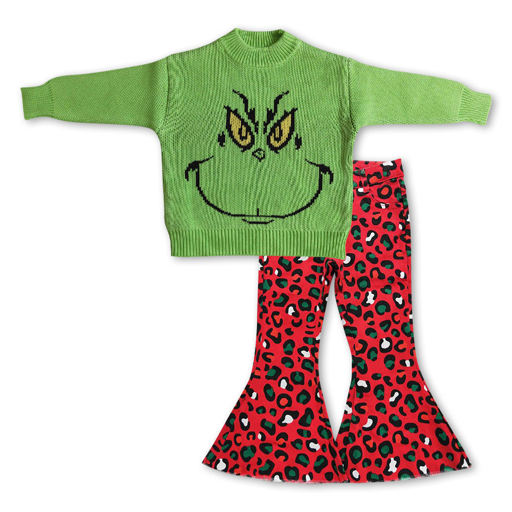 Baby Girls 2pcs Green Face Christmas Long Sleeve Sweaters Leopard Denim Bell Pants Sets