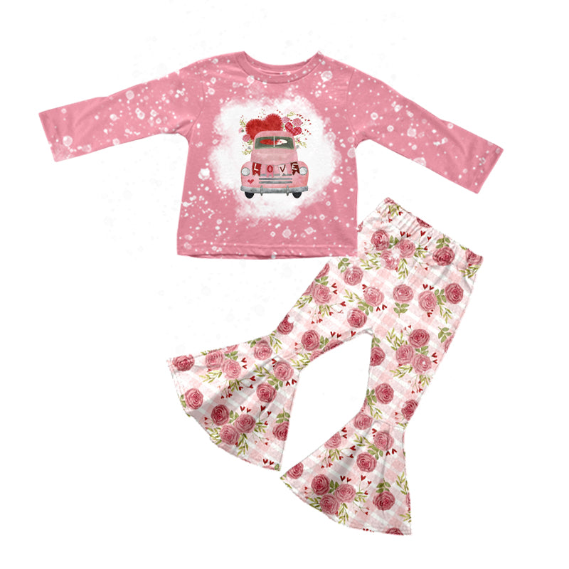 Baby Girls Love Cars Tee Shirts Valentines Flowers Bell Pants Clothing Sets preorder