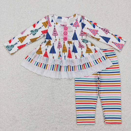 Baby Girls Christmas Colorful Lace Tree Tunic Stripes Legging Clothing Sets