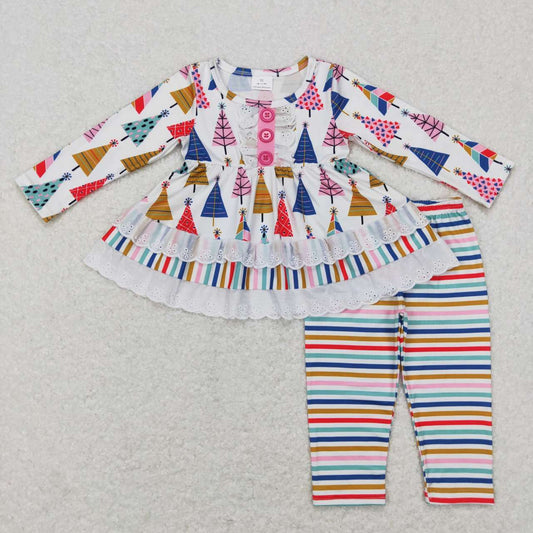 Sibling Baby Girls Santa Candy Cane Trees Pockets Button Tunic Pants Christmas Clothes Sets