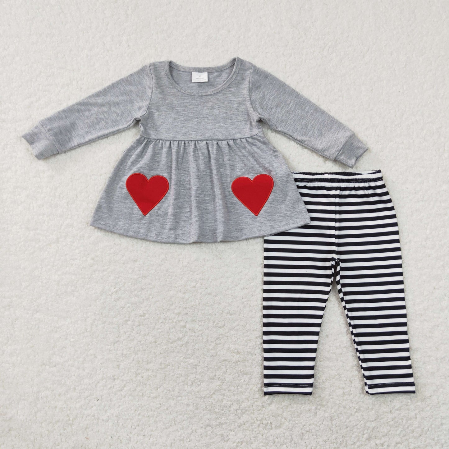 Sibling Baby Girls Embroidery Hearts Pockets Stripe Tunic Legging Pants Valentines Clothes Sets