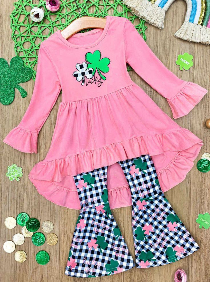 Baby Girls Pink St Patrick Lucky Quatrefoil Hi-low Tunic Bell Pants Clothes Sets preorder