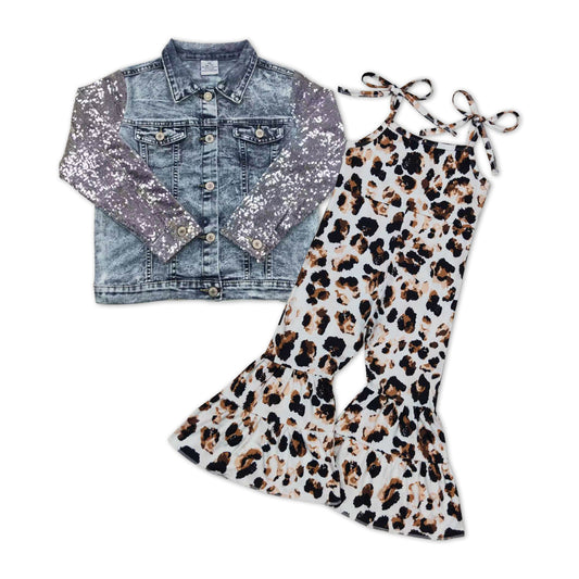 Baby Girls Denim Sequin Jackets Leopard Jumpsuits 2pcs Clothing Sets