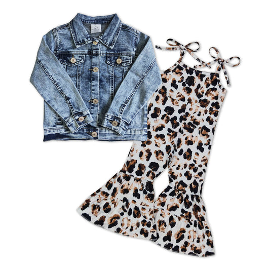 Baby Girls Denim Jackets Leopard Jumpsuits 2pcs Clothing Sets