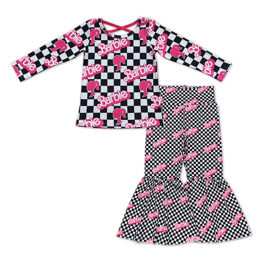 Baby Girls Long Sleeve Ruffle Doll Tops Black Checkered Bell Pants Clothes Sets