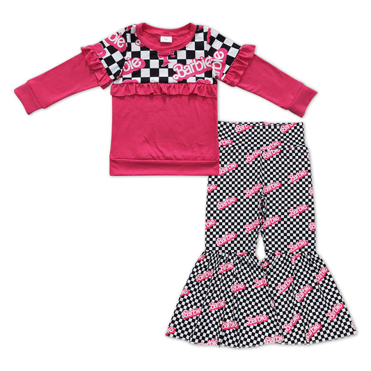 Baby Girls Pink Long Sleeve Ruffle Doll Tops Black Checkered Bell Pants Clothes Sets