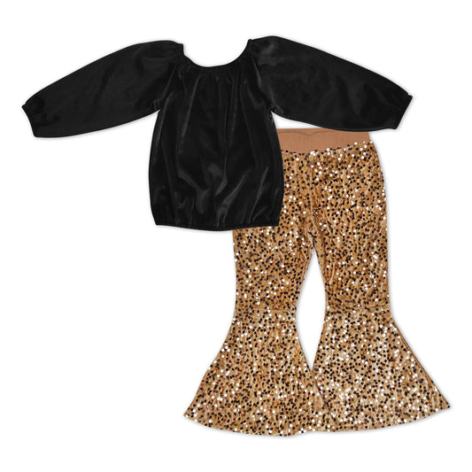 Baby Girls Black Velvet Long Sleeve Shirts Sequin Gold Bell Pants Clothes Sets