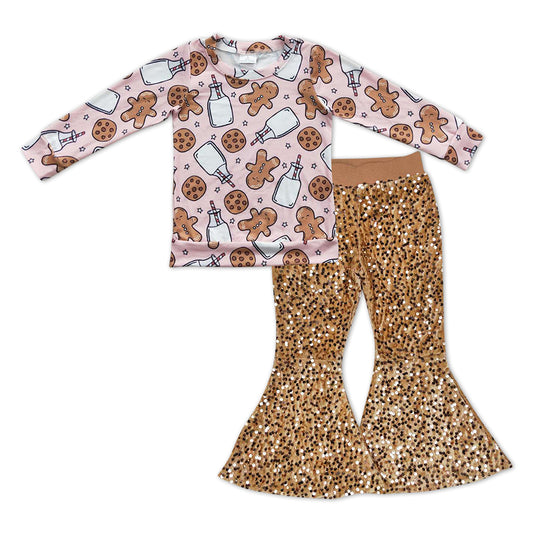 Baby Girls Christmas Gingerbread Long Sleeve Shirts Sequin Gold Bell Pants Clothes Sets