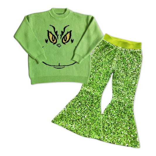 Baby Girls 2pcs Christmas Green Frog Face Long Sleeve Sweaters Green Sequin Bell Pants Sets