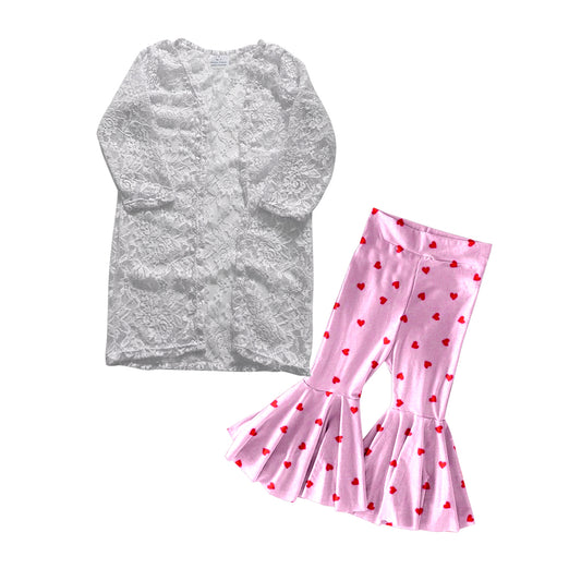 Baby Girls White Lace Cardigan Pink Hearts Bell Bottom Pants Clothes Sets preorder