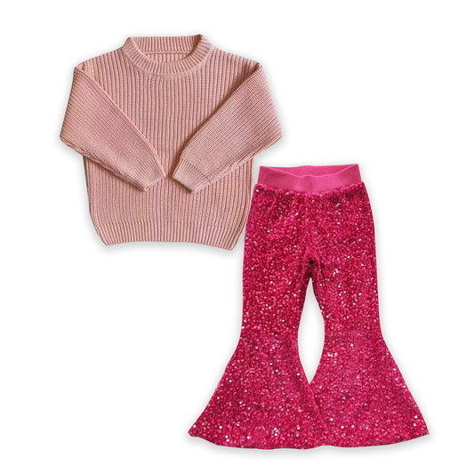Baby Girls Pink Woolen Sweaters Sequin Bell Pants Clothes Sets