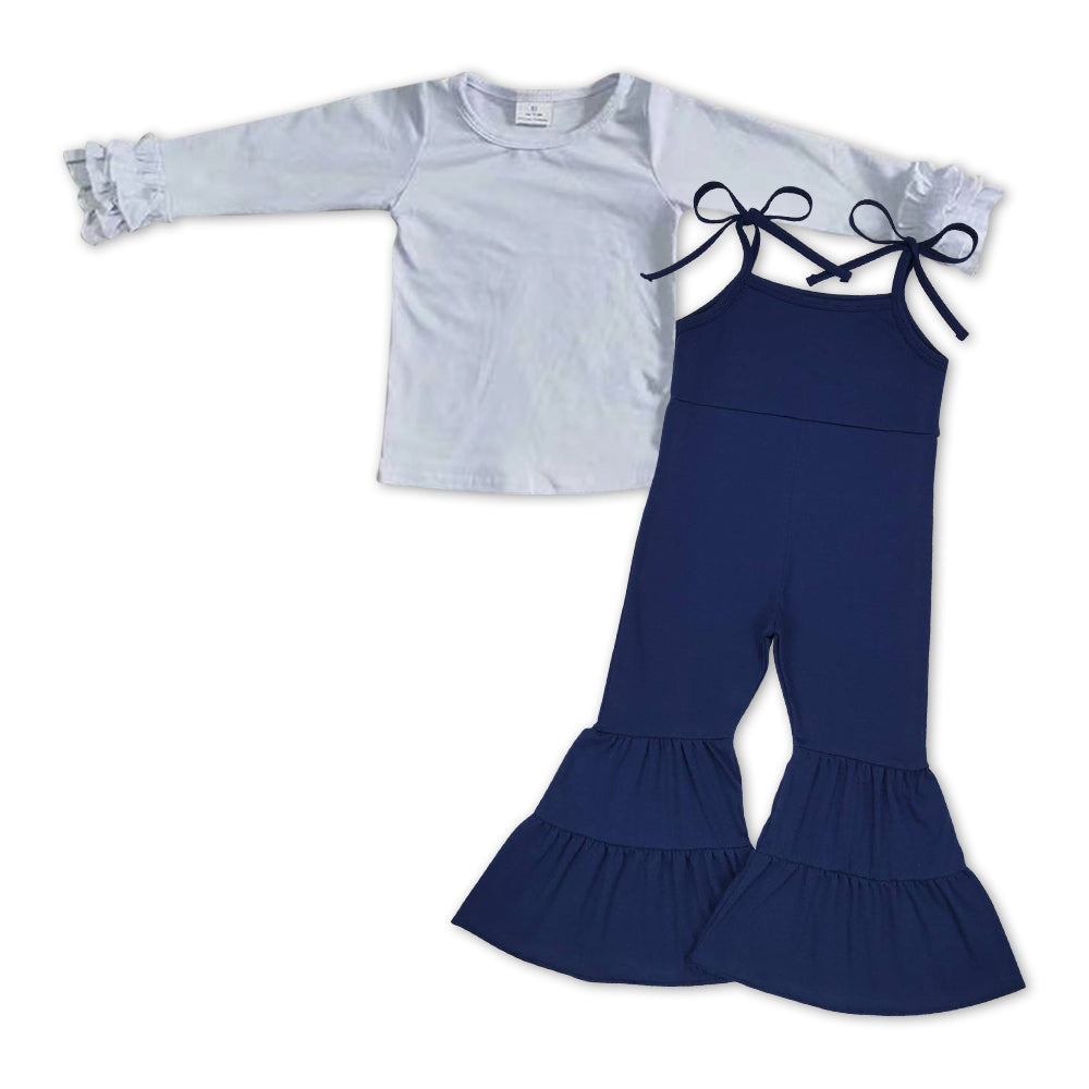 Baby Girls White Shirts Navy Straps Bell Bottom Jumpsuits Clothing Sets