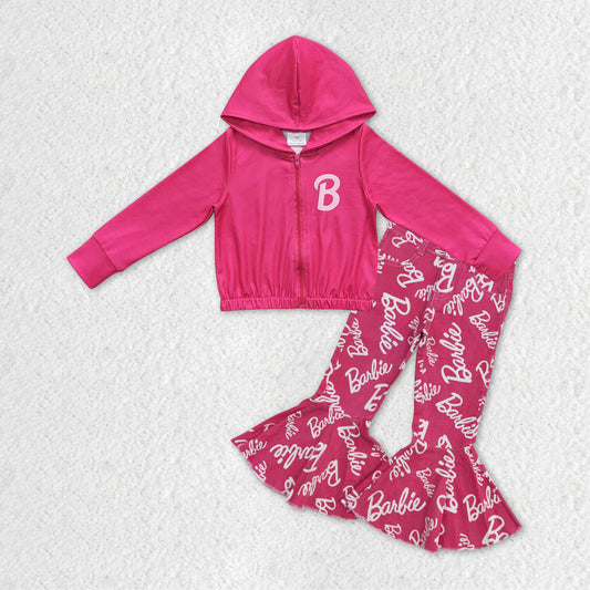 Baby Girls Doll Pink Hooded Top Denim Flare Bell Pants Clothes Sets