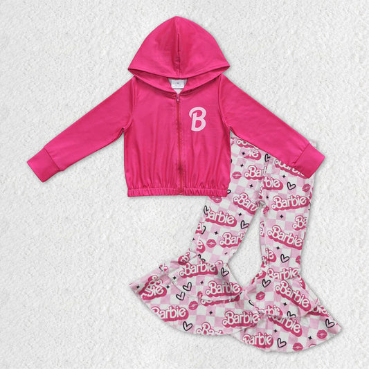 Baby Girls Doll Pink Hooded Top Denim Double Flare Bell Pants Clothes Sets