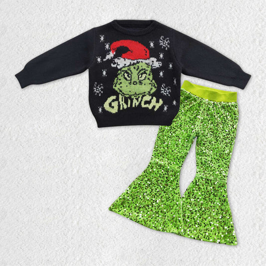 Baby Girls Green Frog Sweaters Sequin Bell Pants Clothes Sets