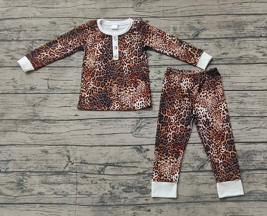 Baby Girls Leopard Buttons Design Shirt Pants Pajamas Clothes Sets