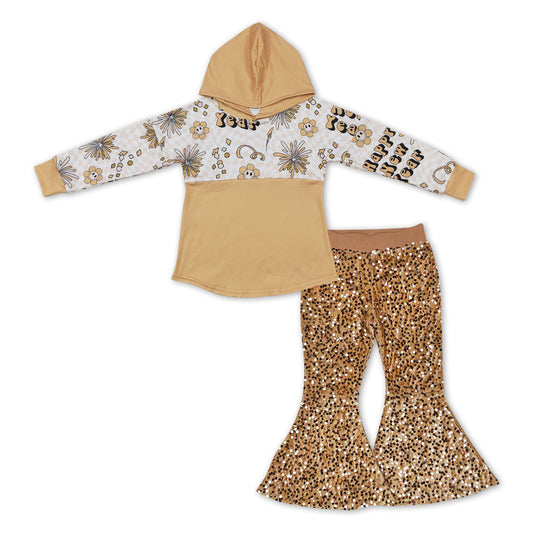 Baby Girls Happy New Year Hooded Top Shirts Sequin Gold Bell Pants Clothes Sets