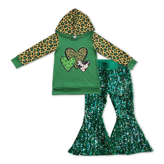 Baby Girls St Patrick Day Hearts Hooded Top Shirts Sequin Green Bell Pants Clothes Sets