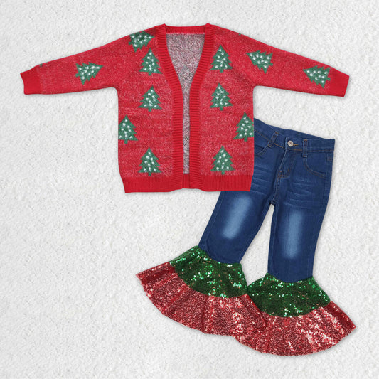 Baby Girls 2pcs Christmas Red Tree Cardigan Sweaters Sequin Ruffle Denim Pants Sets