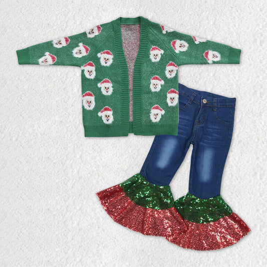 Baby Girls 2pcs Christmas Green Santa Cardigan Sweaters Sequin Ruffle Denim Pants Sets