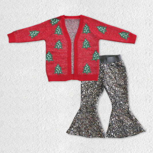 Baby Girls 2pcs Christmas Tree Cardigan Sweaters Silver Sequin Flare Pants Sets