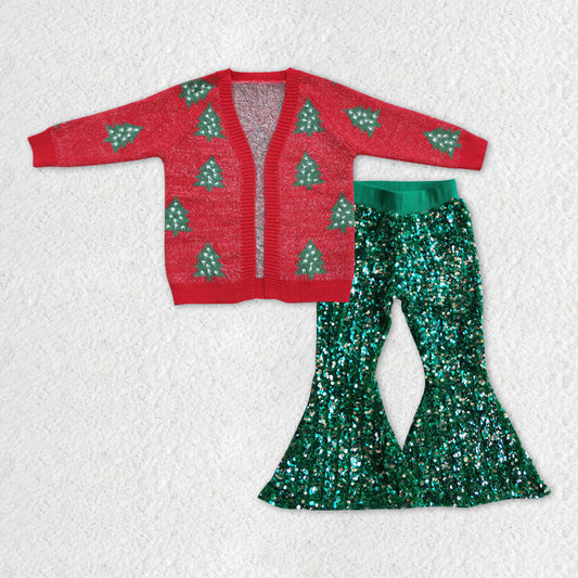 Baby Girls 2pcs Christmas Tree Cardigan Sweaters Green Sequin Flare Pants Sets