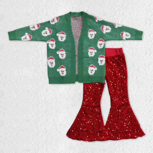 Baby Girls 2pcs Christmas Santa Cardigan Sweaters Red Sequin Flare Pants Sets