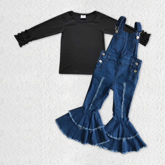 Baby Girls Black Icing Long Sleeve Shirts Denim Overall 2pcs Clothes Sets