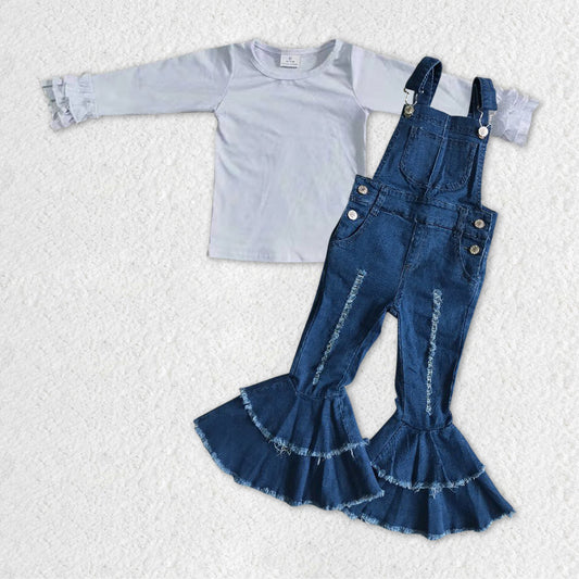 Baby Girls White Icing Long Sleeve Shirts Denim Overall 2pcs Clothes Sets