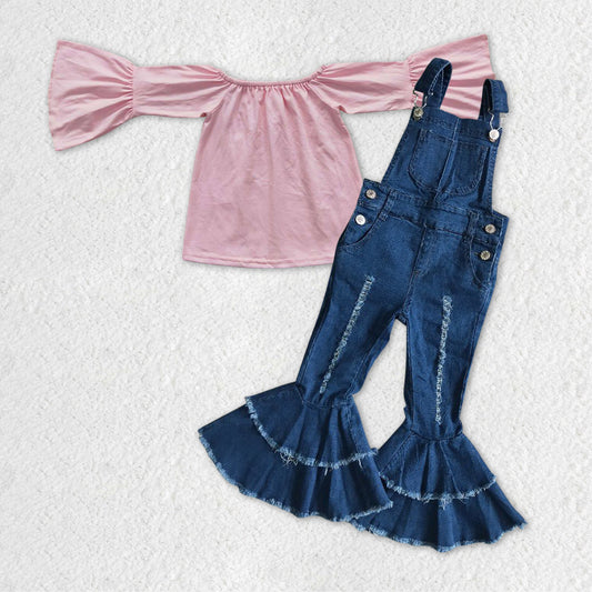 Baby Girls Pink Long Sleeve Shirts Denim Overall 2pcs Clothes Sets