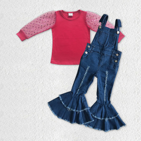Baby Girls Hotpink Sparkle Long Sleeve Shirts Denim Overall 2pcs Clothes Sets