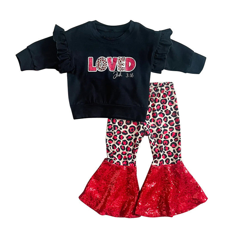 Baby Girls Valentines Black Loved Top Red Leopard Bell Pants Clothes Sets preorder