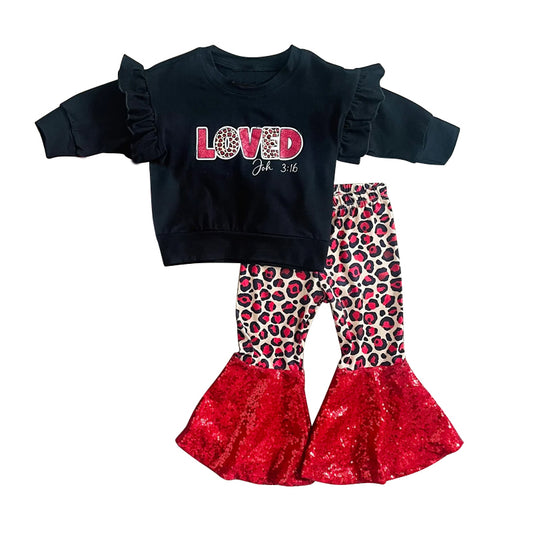 Baby Girls Valentines Black Loved Top Red Leopard Bell Pants Clothes Sets preorder