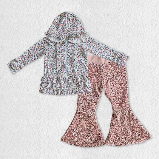 Baby Girls Colorful Leopard Ruffle Hooded Top Sequin Bell Pants Clothes Sets