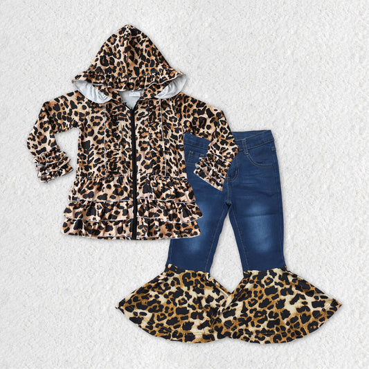 Baby Girls Leopard Ruffle Hooded Top Denim Bell Pants Clothes Sets