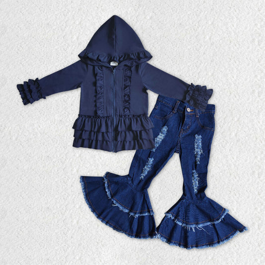 Baby Girls Navy Ruffle Hooded Top Denim Bell Pants Clothes Sets